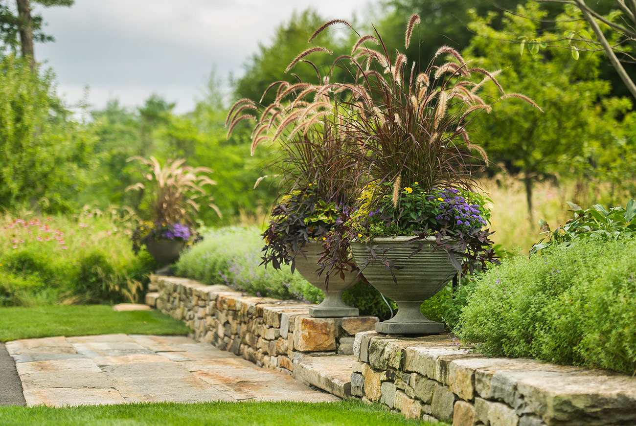 The LaurelRock Company - Residential Landscaping in Wilton CT - High Meadow Farm - Planters and Stone Retaining Walls